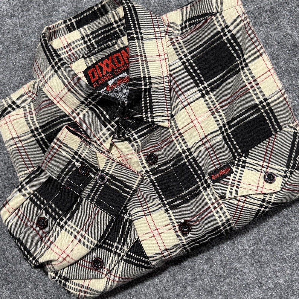 Dixxon Flannel Co CRO MAGS Mens Large Button Down Shirt Cream Black Red Plaid